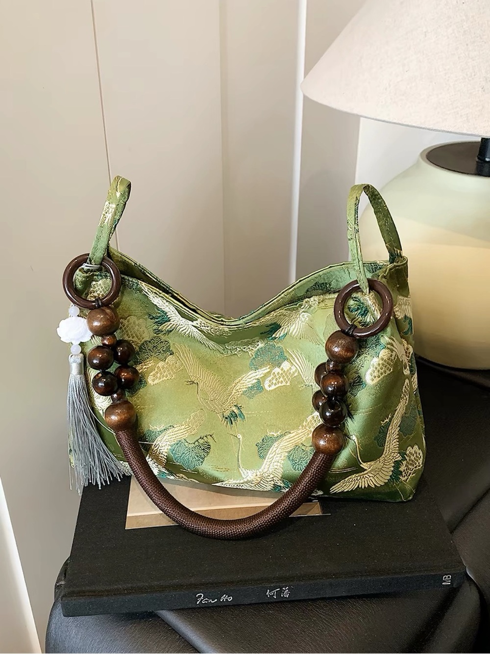 Green Silk Crane-Embroidered Shoulder Bag with Wooden Bead Accent